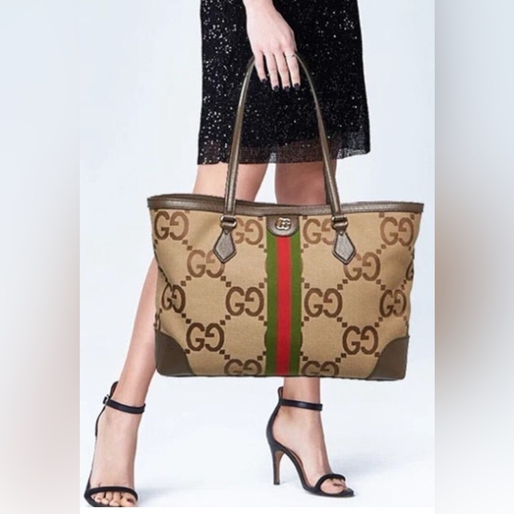 Authentic Gucci Monogram Jumbo GG Textured Calfskin Ophidia Tote Camel Ebony✨ - Picture 3 of 17